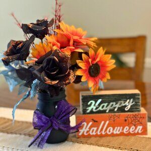 Halloween Faux Floral Arrangement in Mason Jar - Home Holiday Decor
